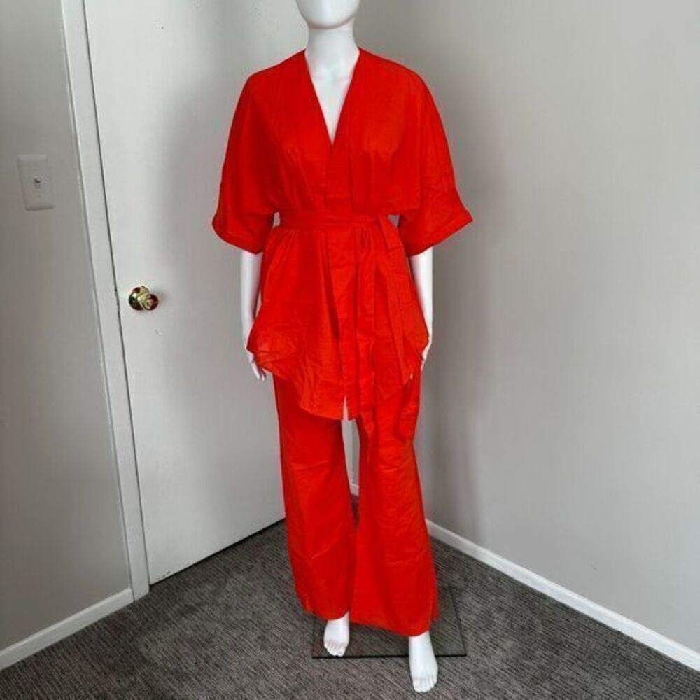 Commense Linen Cotton Orange Two-Piece Set Kimono-Style Top Wide-Leg Pant Outfit - Picture 6 of 16
